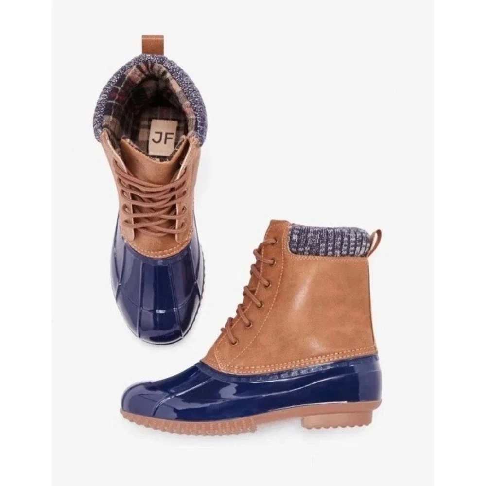 Women's Cold Weather Evi Duck Boot Brown/Navy Size 6.5 JUSTFAB New Outdoor Chore